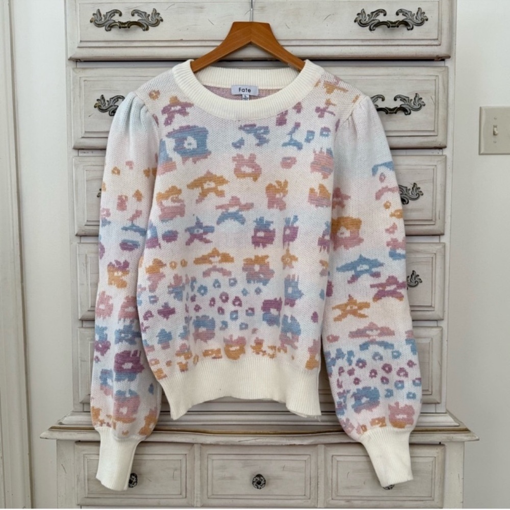 Vici Cream Multicolor Puff Sleeve Knit Sweater
